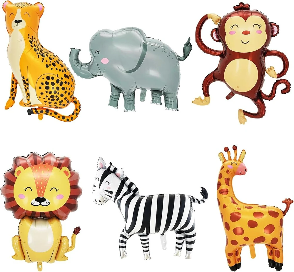 Huahuanghui 6 vienetų džiunglių safari balionų rinkinys, foliniai balionai gyvūnai, džiunglių safari gyvūnų balionai, 3d didžiulis liūtas, leopardas, žirafa, zebras, dramblys, beždžionės folinis balionas, berniukų mergaičių gimtadieniui