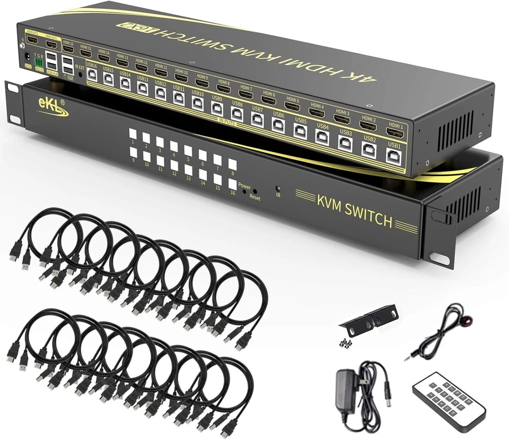 Huasion Kvm jungiklis 16 prievadų Hdmi 2.0 Kvm jungiklis palaiko sparčiuosius klavišus, 4k@60hz 4:4:4, 1080p 3d, 16 kompiuterių / nešiojamųjų kompiuterių bendrinimas su vienu klaviatūros ir pelės komplektu