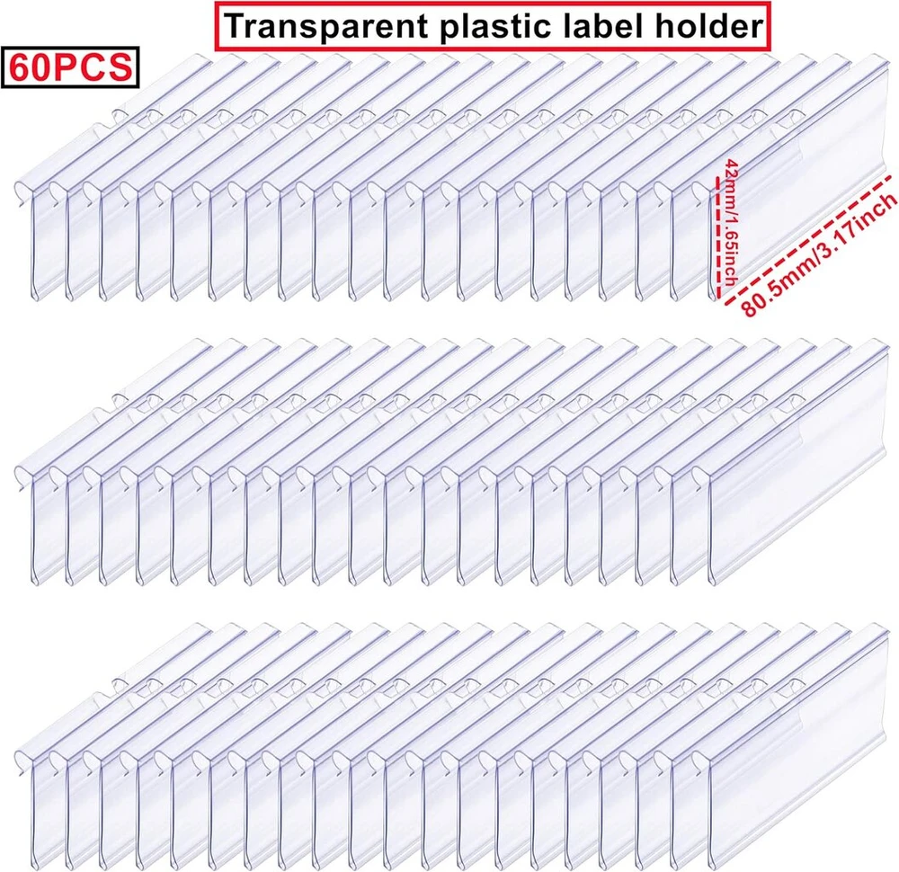 Huaziz 60 plastikinių etikečių laikiklių pakuotė, skaidrus kainų etikečių laikiklis, plastikinis lentynos etikečių laikiklis, vielinės lentynos kainų etiketėms prekėms ženklinti (8 cm x 4,2 cm)