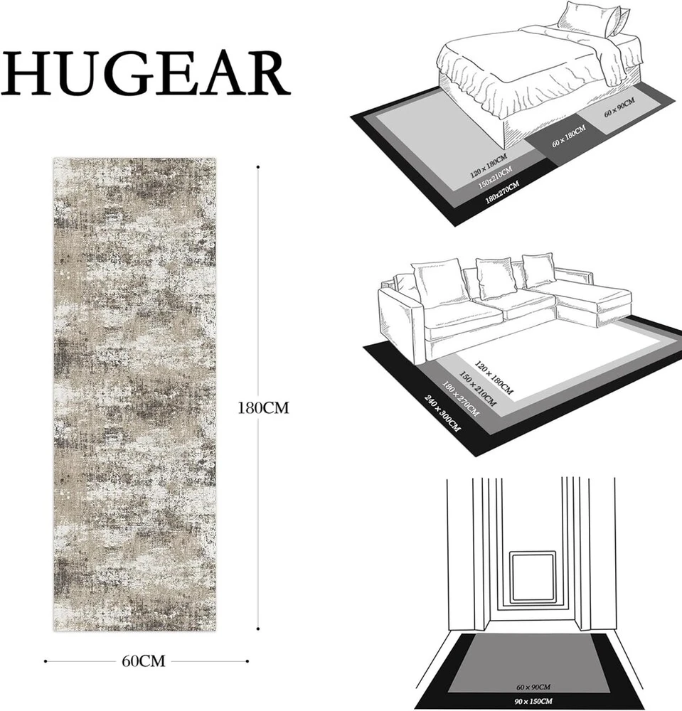 Hugear skalbiamas mašinoje bėgimo takelis, 60 x 180 cm, taupe spalvos koridoriaus kilimas, vidaus akcentinis kilimas, modernus abstraktus žemo plauko kilimas, sendintas kilimas, valgomasis kambarys, virtuvė, neslystantis