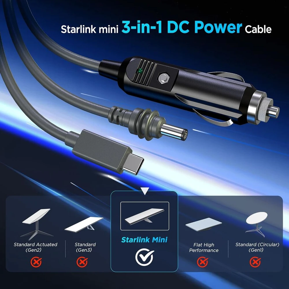 Hugener 3 viename Starlink Mini maitinimo kabelis 3m, kelių prievadų maitinimo kabelis su Usb Type-c, automobilinio įkroviklio adapteriu ir Dc prievadu, skirtas Starlink Mini