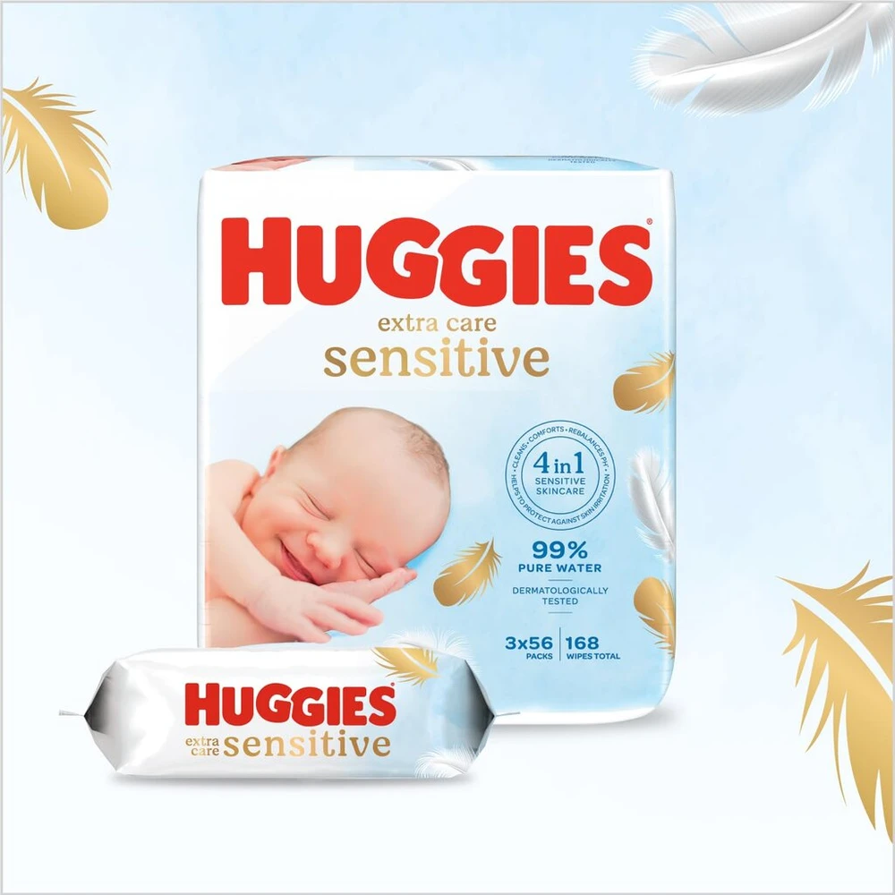 Huggies Pure Extra Care Sensitive kūdikių servetėlės, skirtos visam kūnui, 99% grynas vanduo, be kvapiklių, 8 x 56 servetėlės, mėnesio dėžutė (2 pakuotės)