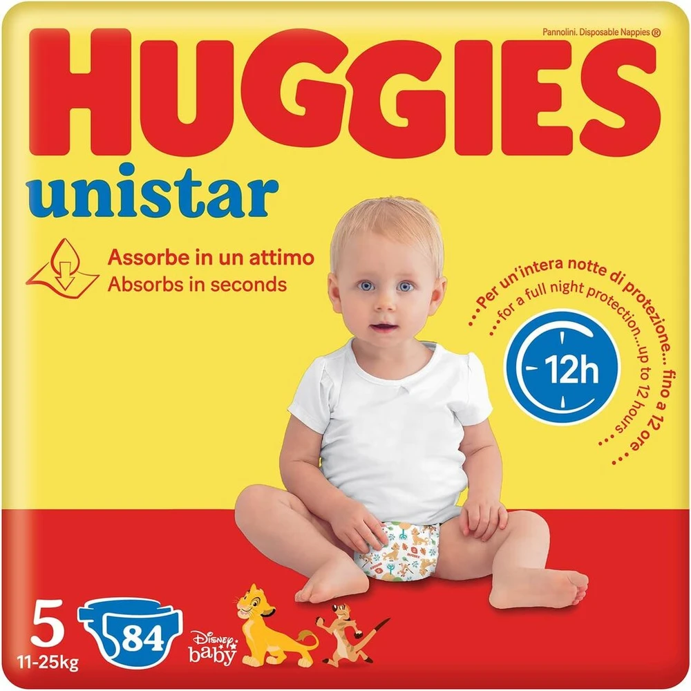 Huggies Unistar sauskelnės, 5 dydis (11-25 kg), 84 sauskelnių pakuotė (base)
