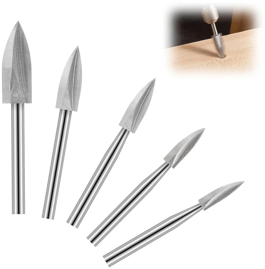 Hugwish 5 vnt. medžio graviravimo grąžtų rinkinys, skirtas Dremel sukamiesiems įrankiams, 3 mm kotas, skirtas medžio drožybai, gręžimui