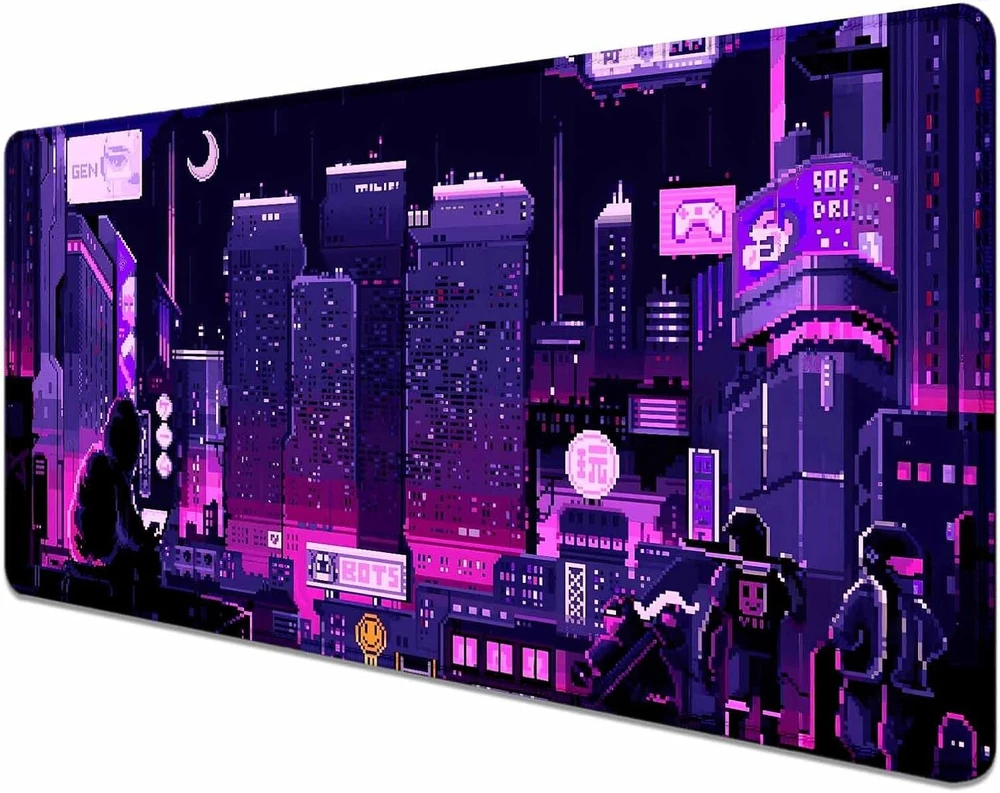 Huocairen retro vaporwave didelis pelės kilimėlis stalui, neon tokyo street pixel art stalo kilimėlis, violetinis japoniškas anime žaidimų pelės kilimėlis xxl, skyline city stalo kilimėlis, 80 x 40 cm