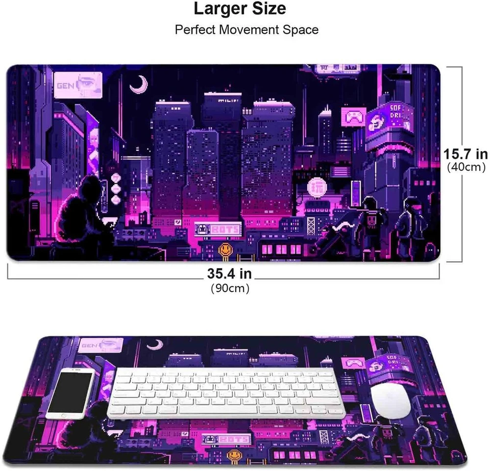 Huocairen retro vaporwave didelis pelės kilimėlis stalui, neon tokyo street pixel art stalo kilimėlis, violetinis japoniškas anime žaidimų pelės kilimėlis xxl, skyline city stalo kilimėlis, 80 x 40 cm