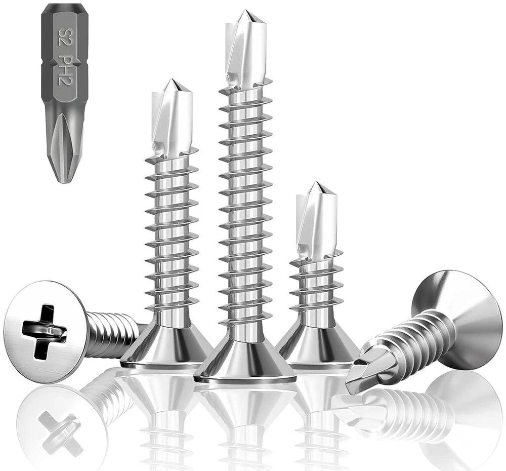 Hxjdam rinkinys, 180 vnt. savaime gręžiančių varžtų, M4.2 x 32 mm, savaime įsisriegiantys varžtai, nerūdijantis plienas, įleidžiama galvutė, Phillips varžtai, metaliniai varžtai su grąžtu