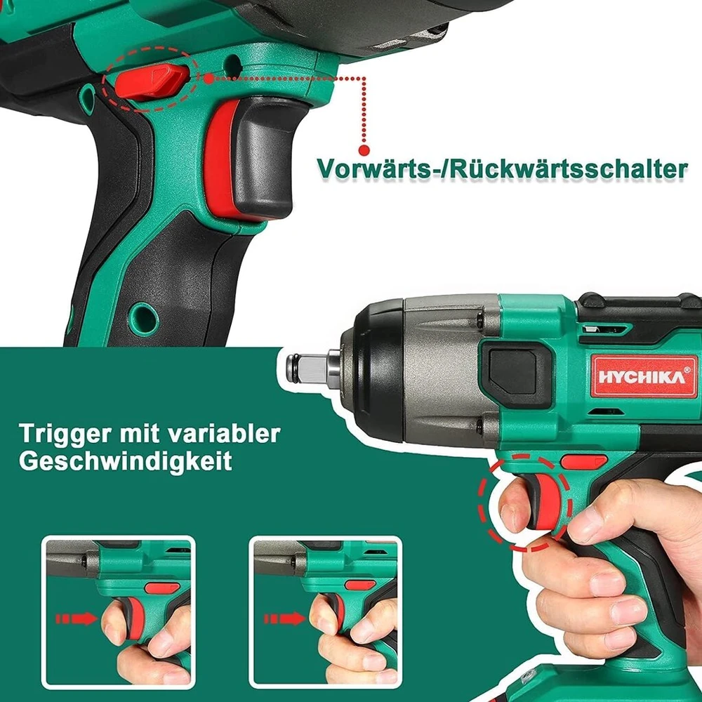 Hychika 350 N·m smūginis veržliasukis su 4.0 Ah 18 V akumuliatoriumi, 3000 Ipm smūgio dažniu, 3 vnt. galvutėmis 17/19/21 mm, adapteriu 10 mm griebtuvui ir dėže ratų varžtams