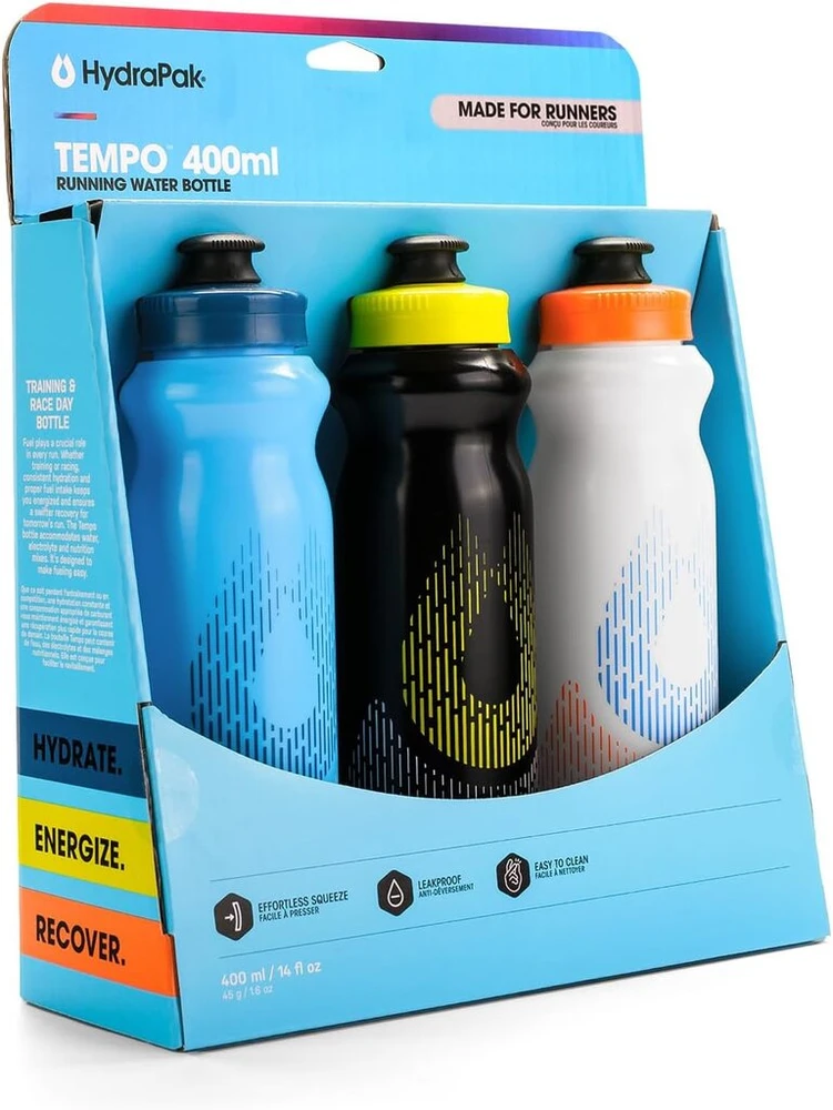 Hydrapak Tempo rankinis bėgimo vandens buteliukas 3 vnt. (400 ml / 396,9 g) skirtas bėgikams, maratono treniruotėms ir varžybų dienai, suspaudžiamas buteliukas, puikiai tinka hidratacijai, elektrolitams, atsistatymui ir mitybai