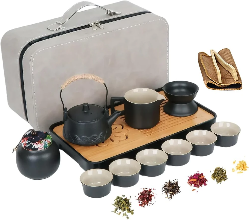 Hyeiol Gongfu Keramikinis arbatos rinkinys, nešiojamas Kungfu arbatinuko rinkinys, japoniškas keramikinis arbatos rinkinys arbatos mėgėjams, pilnas su kelioniniu krepšiu, 14 dalių