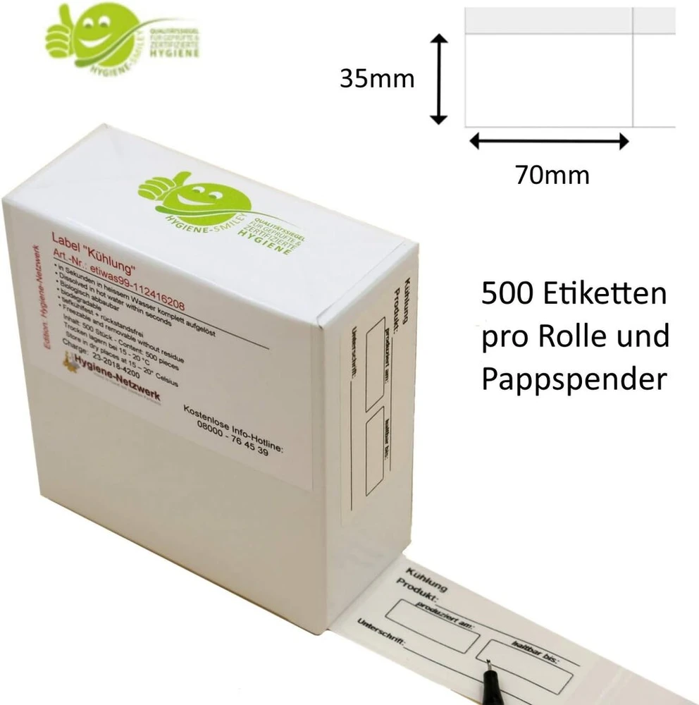 Hygiene Network etiketės sausai saugyklai 70 x 35 mm ant ritinio su dozatoriumi 500 etikečių vandenyje tirpios lipnios etiketės konteinerių dėžutės lipdukai buitinės etiketės etiketės