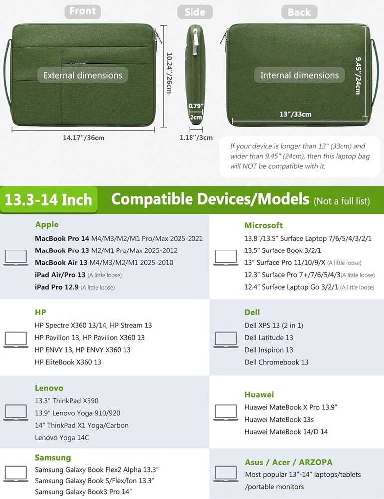 Hyzuo 13.3-14 colių nešiojamojo kompiuterio dėklas, skirtas Macbook Pro 14, Macbook Air/pro 13, 13.8 colių/13.5 colių Surface Nešiojamas kompiuteris/book, nešiojamojo kompiuterio apsauginis dėklas 13 colių Hp Dell Lenovo Thinkpad Asus Acer