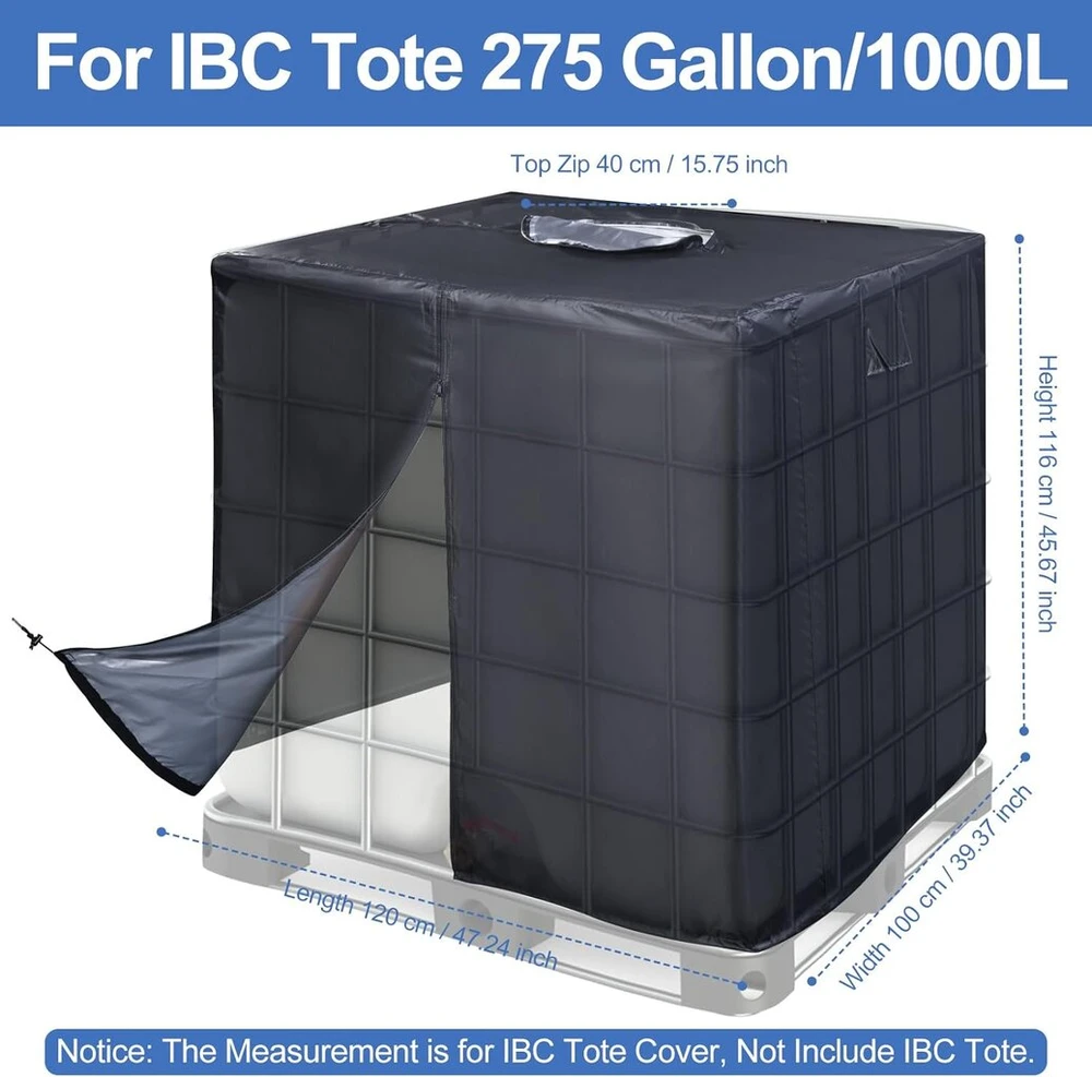 Ibc konteinerio uždangalas 1000l, 420d ibc konteinerio tentas, atsparus dulkėms, anti-uv su vandeniui atspariu užtrauktuku ir skaidriu langu lauko 275 galonų vandens talpai (120 x 100 x 116 cm)