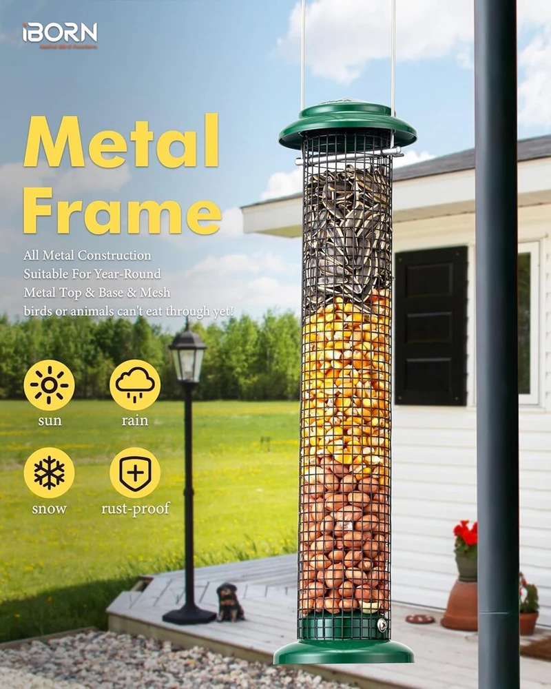 Iborn metalinis lesyklėlė žemės riešutams ir saulėgrąžų sėkloms - pakabinama lesyklėlė laukiniams paukščiams, tokiems kaip geniai, zylės, riešutinės, pilkosios zylės ir kėkštai, 35 cm, žalia
