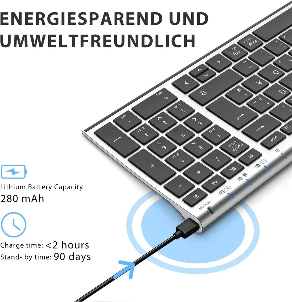 Iclever Bk10 Bluetooth klaviatūra, belaidė įkraunama su 3 Bluetooth kanalais, stabilus ryšys, itin plonas ergonomiškas dizainas, belaidė klaviatūra, skirta Ios, Android, Windows