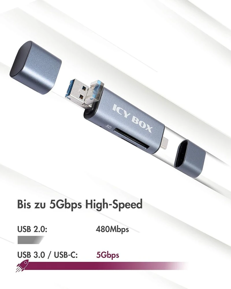 Icy Box Ib-cr201-c3 Sd kortelių skaitytuvas su Usb 3.0, skirtas Sd ir Micro Sd, 3 Usb jungtys (usb-c, Usb-a, Micro Usb), Otg, aliumininis
