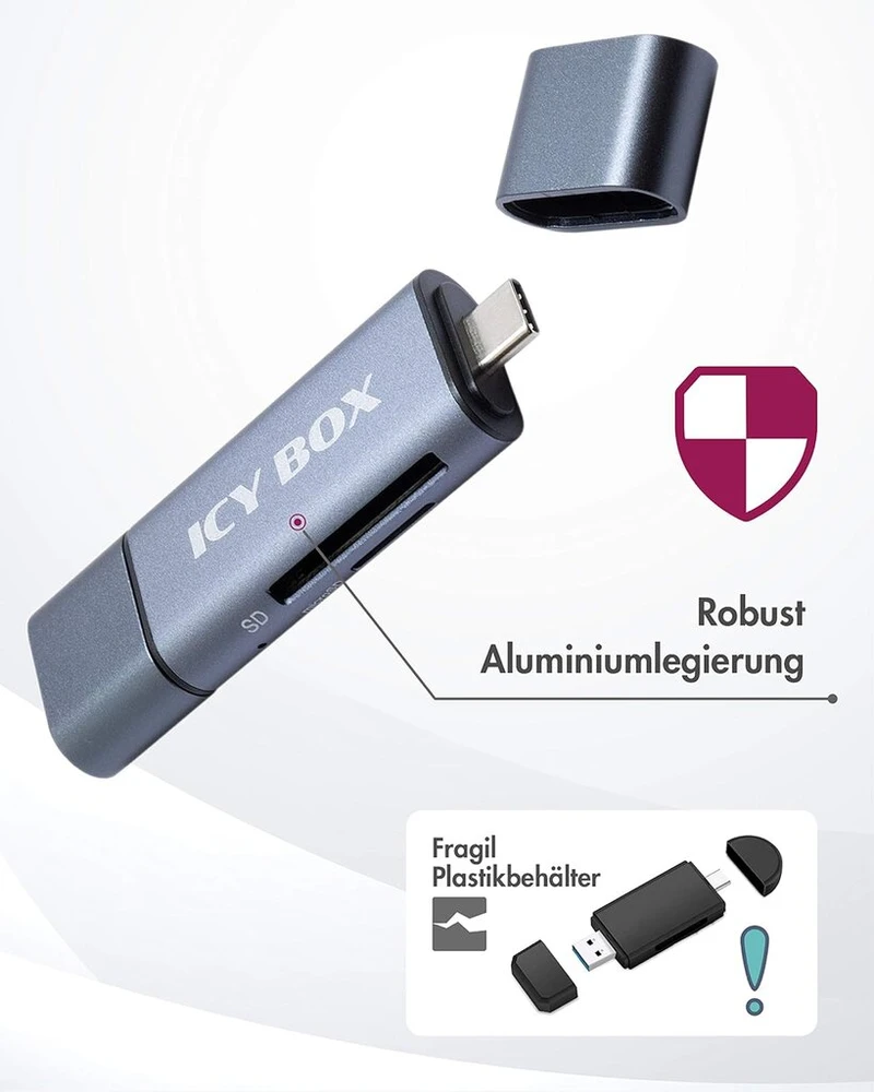 Icy Box Ib-cr201-c3 Sd kortelių skaitytuvas su Usb 3.0, skirtas Sd ir Micro Sd, 3 Usb jungtys (usb-c, Usb-a, Micro Usb), Otg, aliumininis