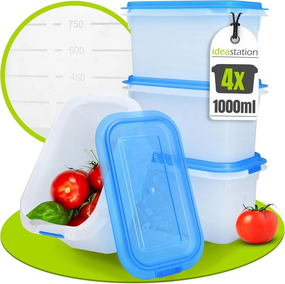 Idea-station šaldymo indelių rinkinys, 4 vnt. – 1000 ml – sukraunami šaldymo indeliai su dangteliais – nedūžtantys indeliai šaldymui – saugūs maistui ir be Bpa