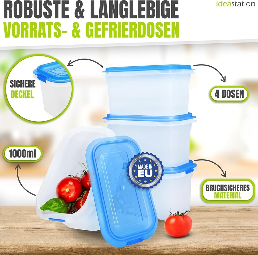 Idea-station šaldymo indelių rinkinys, 4 vnt. – 1000 ml – sukraunami šaldymo indeliai su dangteliais – nedūžtantys indeliai šaldymui – saugūs maistui ir be Bpa