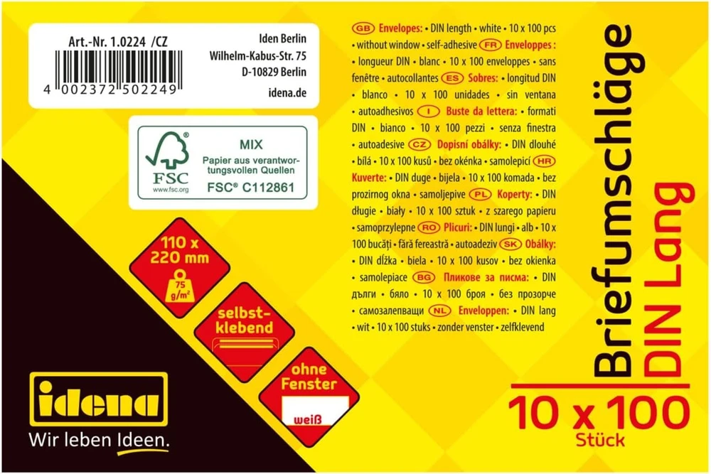 Idena 10219 vokai be langelių, užspaudžiami, Din Long, 75 g/m², 25 vnt., Fsc Mix, balti