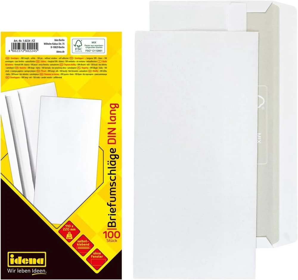 Idena 10219 vokai be langelių, užspaudžiami, Din Long, 75 g/m², 25 vnt., Fsc Mix, balti