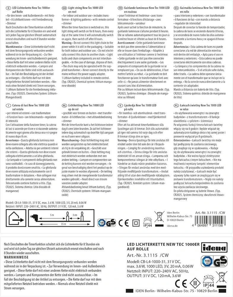 Idena 31115 Led girlianda su 1000 šiltos baltos spalvos Led, 8 valandų laikmačio funkcija, reguliatoriumi ir atmintimi, su kabelio rite, apie 35 m ilgio, rankdarbiams, vakarėlių dekoravimui, kalėdinei dekoracijai, vestuvėms