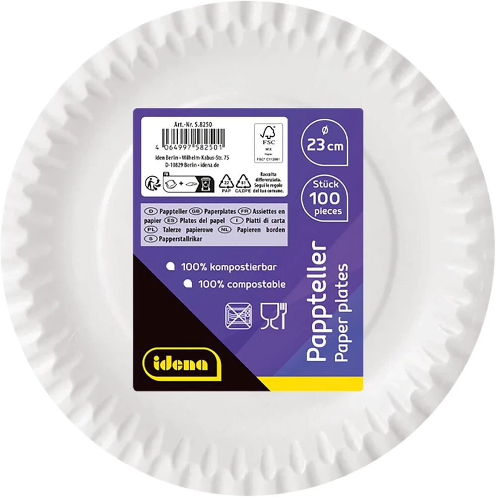 Idena 58250 lėkštės vakarėliams, baltos, 100 vnt. pakuotė, skersmuo 23 cm, draugiškos aplinkai ir kompostuojamos, popierinės lėkštės, vienkartiniai indai