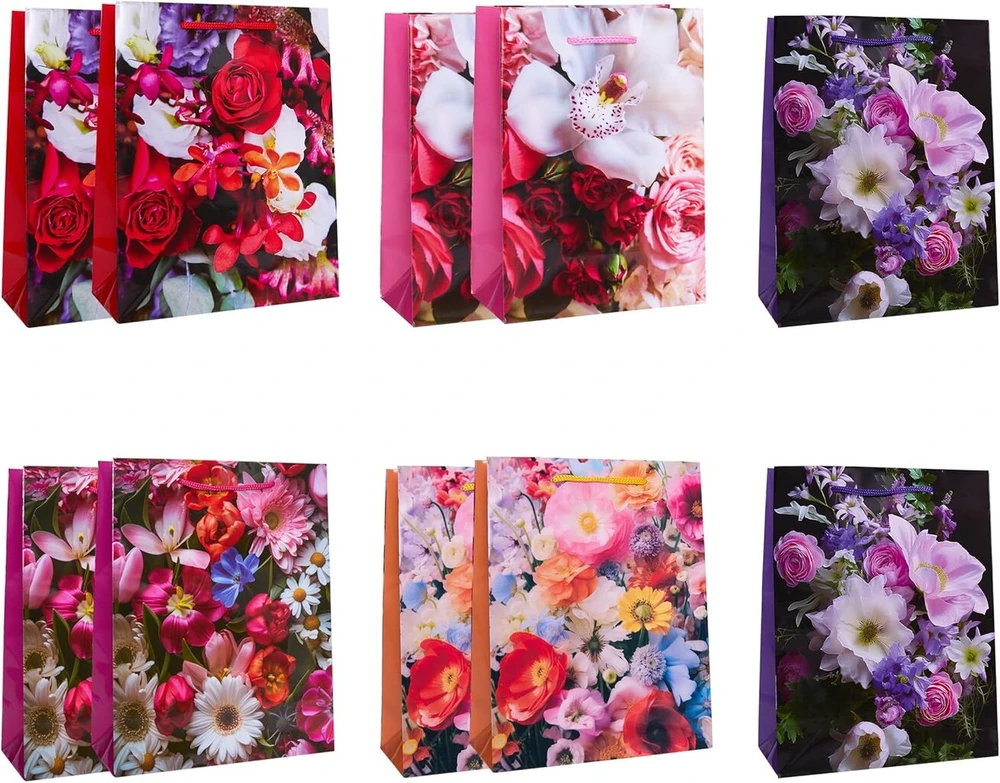 Idena 90225 Dovanų maišeliai Classic Flowers, 10 vnt., dovanų maišeliai, dydis 18 x 23 x 8 cm, blizgūs popieriniai maišeliai su spalvingomis gėlėmis