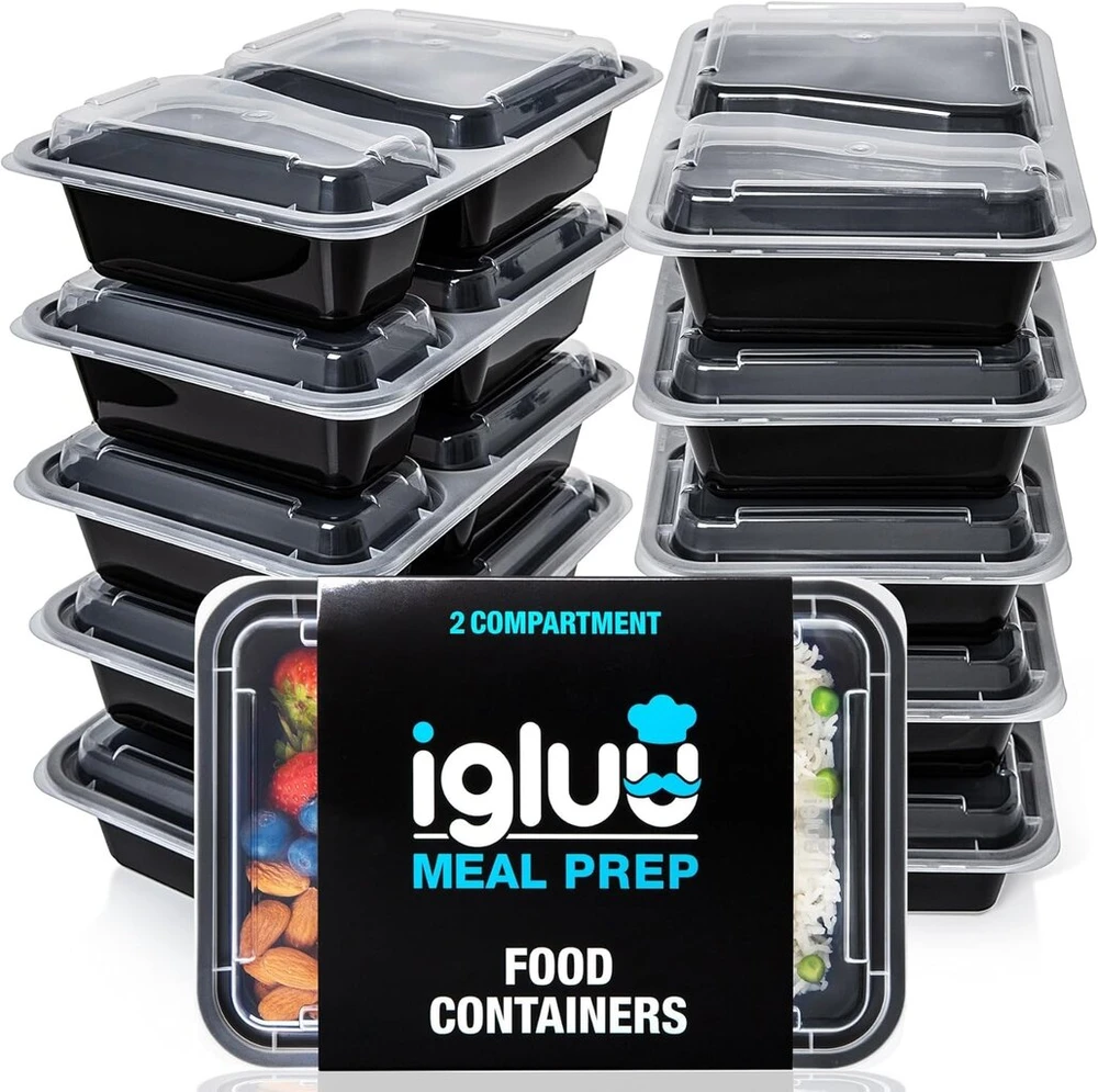 Igluu Meal Prep indeliai su 2 skyriais, maisto dėžutė, priešpiečių dėžutė, tinkama naudoti mikrobangų krosnelėje, galima plauti indaplovėje ir daugkartinio naudojimo, sandarus dangtelis, be Bpa, 10 vnt.