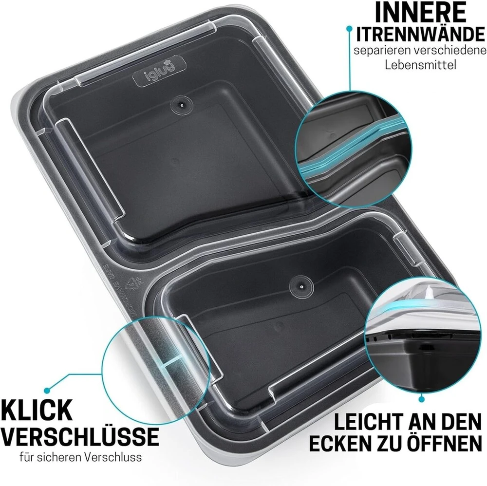 Igluu Meal Prep indeliai su 2 skyriais, maisto dėžutė, priešpiečių dėžutė, tinkama naudoti mikrobangų krosnelėje, galima plauti indaplovėje ir daugkartinio naudojimo, sandarus dangtelis, be Bpa, 10 vnt.