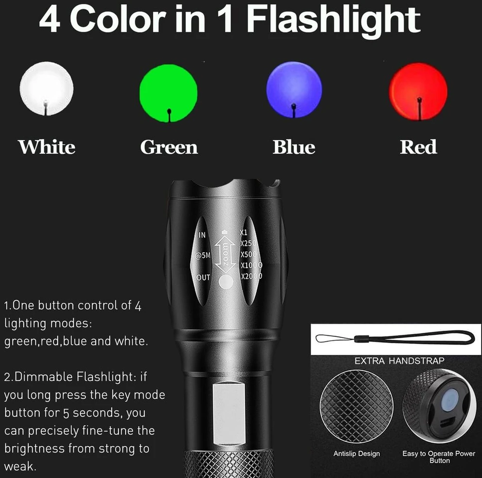 Įkraunamas 4-in-1 Led žibintuvėlis su 4 režimais ir priartinimu