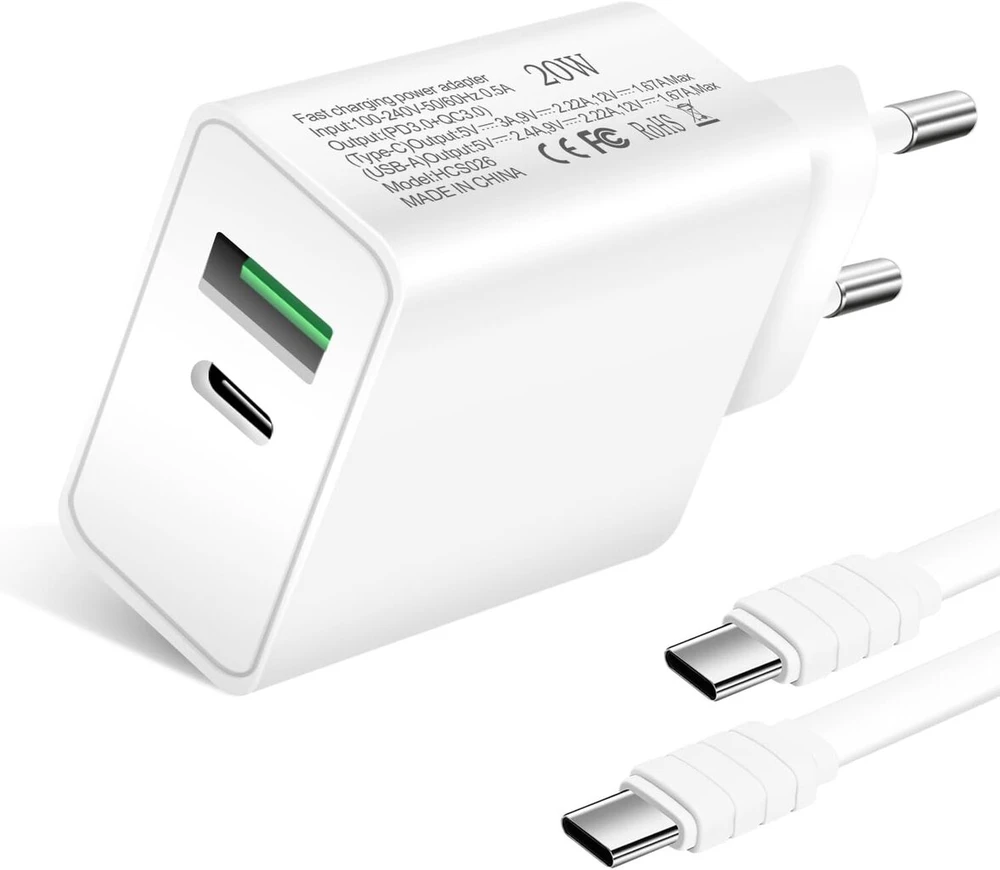 Įkroviklis Usb C 20 W, 2 prievadų greitasis įkroviklis su įkrovimo laidu, kelioninis įkroviklis suderinamas su Pd3.0