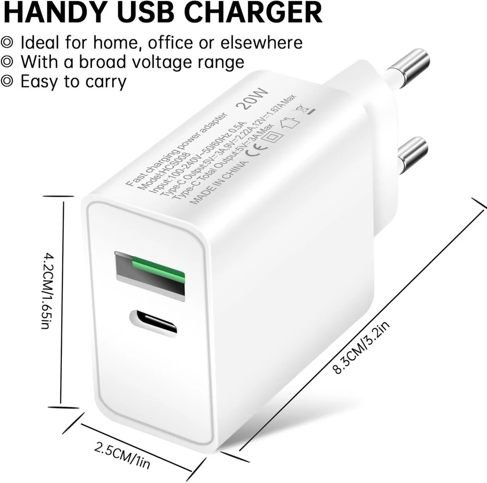 Įkroviklis Usb C 20 W, 2 prievadų greitasis įkroviklis su įkrovimo laidu, kelioninis įkroviklis suderinamas su Pd3.0
