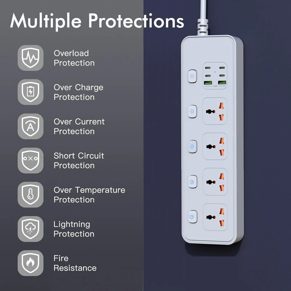 Ilginimo laidas su usb lizdais, 4 krypčių lizdai su 4 usb-c prievadais ir 2 usb prievadais, 3250 w vienas jungiklis, 1,8 m ilginimo laidas su apsaugotomis maitinimo juostomis, eu multi kištukinis adapteris, baltas