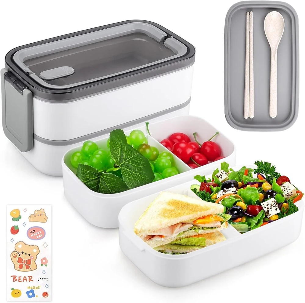 Imposyu bento pietų dėžutė su 2 aukštais ir skyriais, 1400 ml talpos maisto laikymo konteineriai su dangteliu, sandari pietų dėžutė, tinkama naudoti mikrobangų krosnelėje vaikams ir suaugusiems