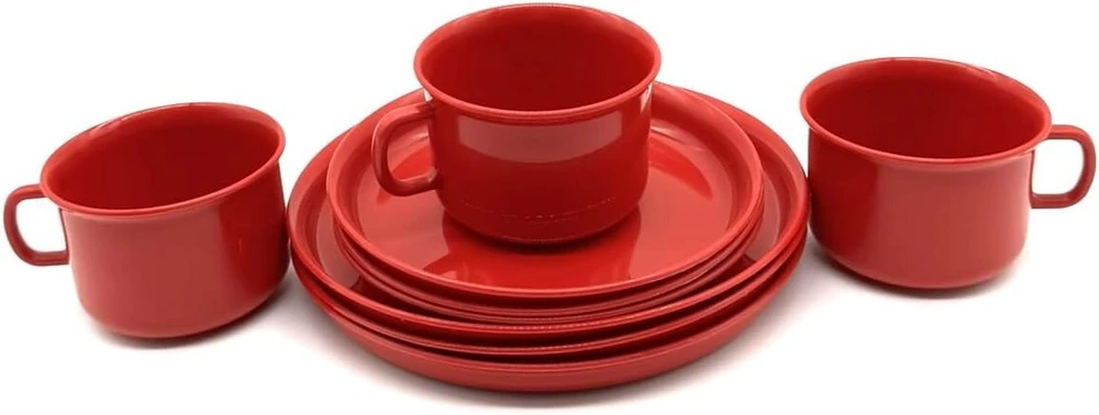 Indų rinkinys kavai, 3 puodeliai, 3 lėkštės, raudonas plastikas