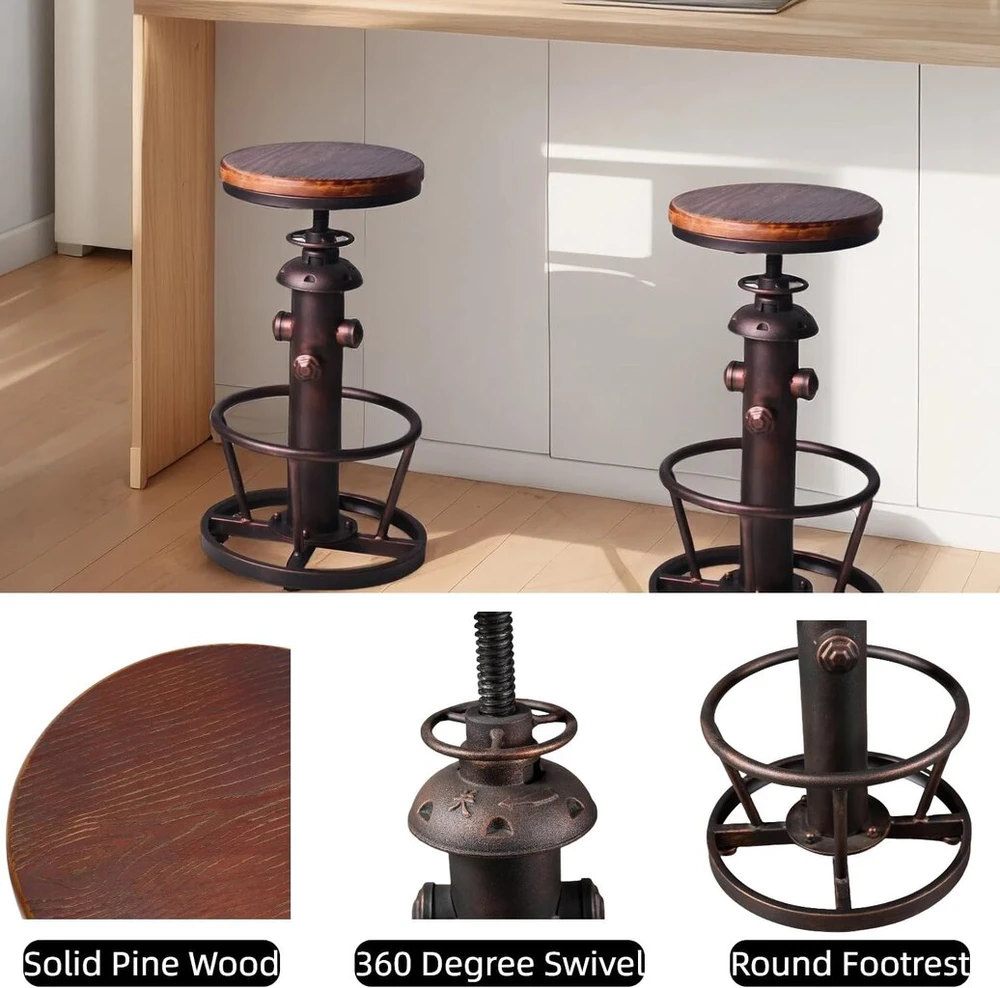 Industrialinė pasukama baro kėdė Coffee Kitchen Dining Fire Hydrant reguliuojamo aukščio medinė sėdynė