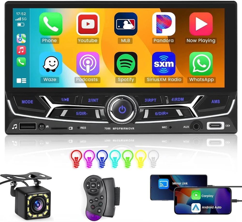 Automagnetola Inefala 2 din bluetooth automobilinis radijas su carplay android auto 6.9 colių jutikliniu ekranu palaiko bluetooth laisvų rankų įrangą/mirror link/fm radiją/usb/type-c/aux/tf/eq su atbulinės eigos kamera