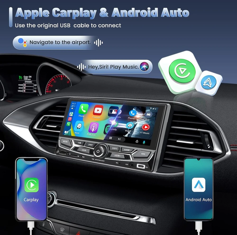Automagnetola Inefala 2 din bluetooth automobilinis radijas su carplay android auto 6.9 colių jutikliniu ekranu palaiko bluetooth laisvų rankų įrangą/mirror link/fm radiją/usb/type-c/aux/tf/eq su atbulinės eigos kamera