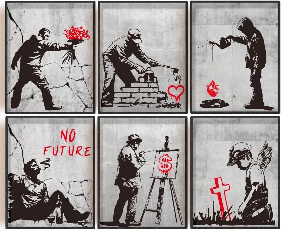 Infunly 6 dalių banksy meno paveikslų rinkinys be rėmo - drobės paveikslai sienų menas grafiti gatvės sienų meno plakatas su įkvepiančiomis citatomis - gatvės drobė svetainei miegamajam namų dekoravimui