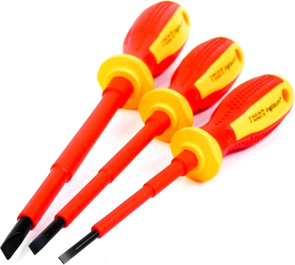 Ingdaum® 3 Vde atsuktuvų su plokščia galvute rinkinys 0,5 x 3,0 x 75 mm; 0,8 x 4,0 x 100 mm; 1,0 x 5,5 x 125 mm, izoliuoti iki 1000 V elektrikams, mechatronikams ir šaldymo technikams