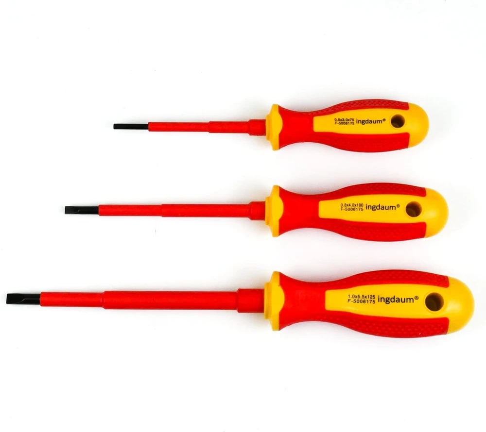 Ingdaum® 3 Vde atsuktuvų su plokščia galvute rinkinys 0,5 x 3,0 x 75 mm; 0,8 x 4,0 x 100 mm; 1,0 x 5,5 x 125 mm, izoliuoti iki 1000 V elektrikams, mechatronikams ir šaldymo technikams