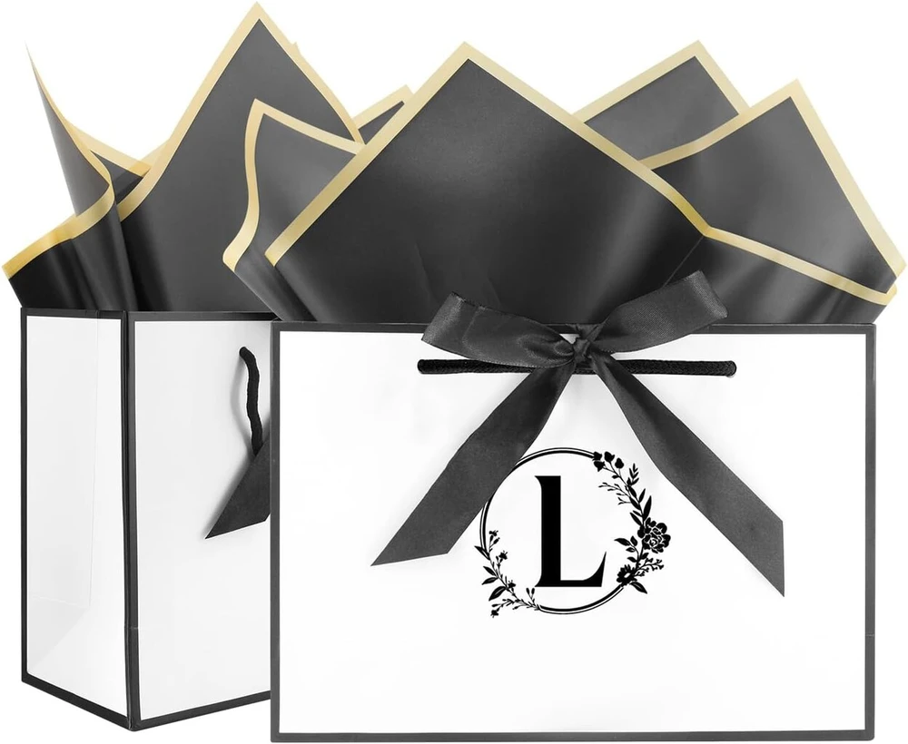 Initial Gift Bags, 2 popierinių maišelių su kaspinais + 2 dovanų popieriaus pakuotė, dovanų maišeliai su rankena, vakarėlių maišeliai, kryžminio dugno maišeliai, dovanų pakavimas gimtadieniui, vestuvėms, krikštynoms, motinos dienai (l)