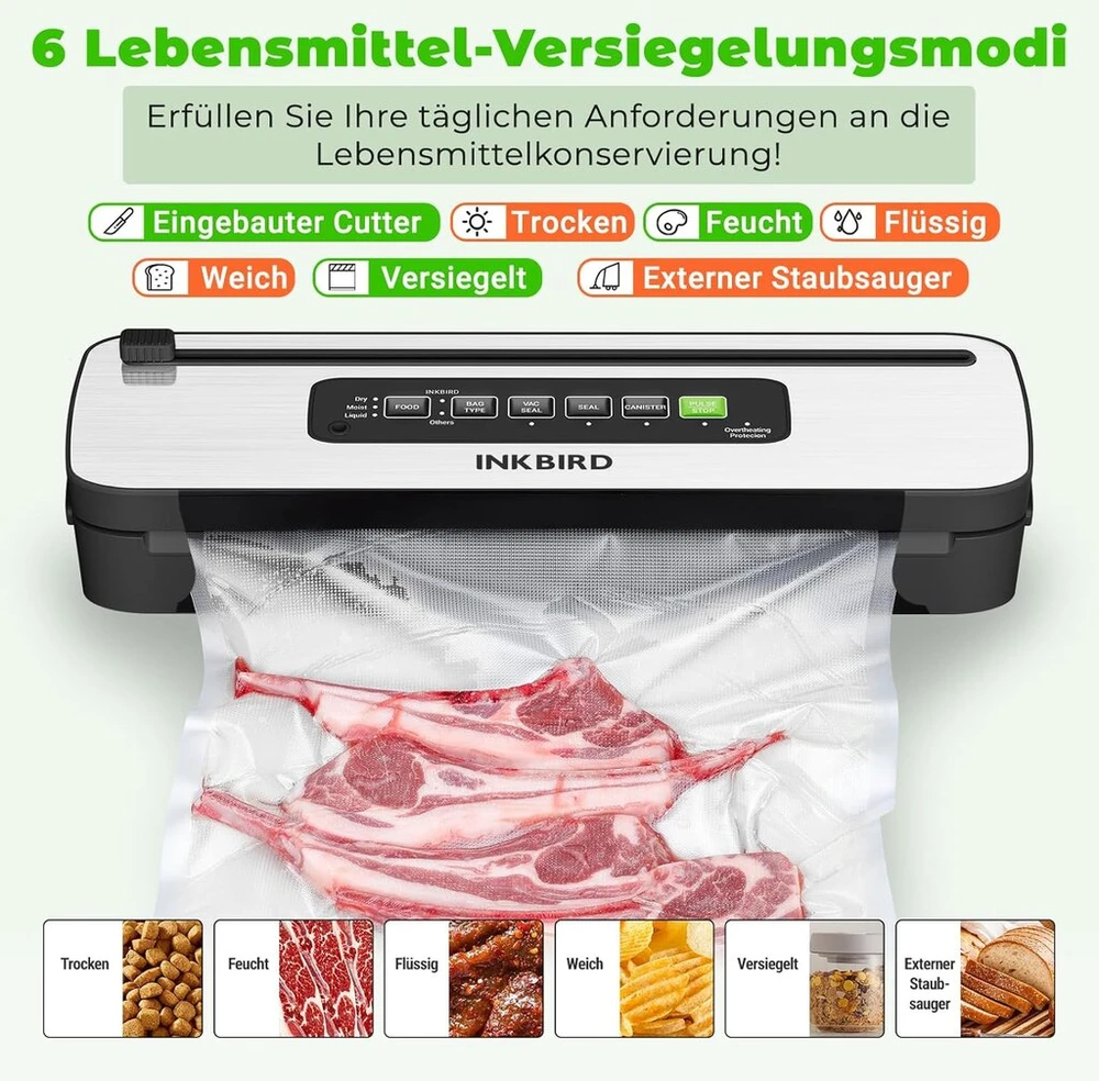 Ink-vs05 maisto vakuumavimo aparatas su įmontuotu pjovikliu | 7 veikimo režimai - skystas/drėgnas/sausas, 130w, greitas sandarinimas, led indikatorius