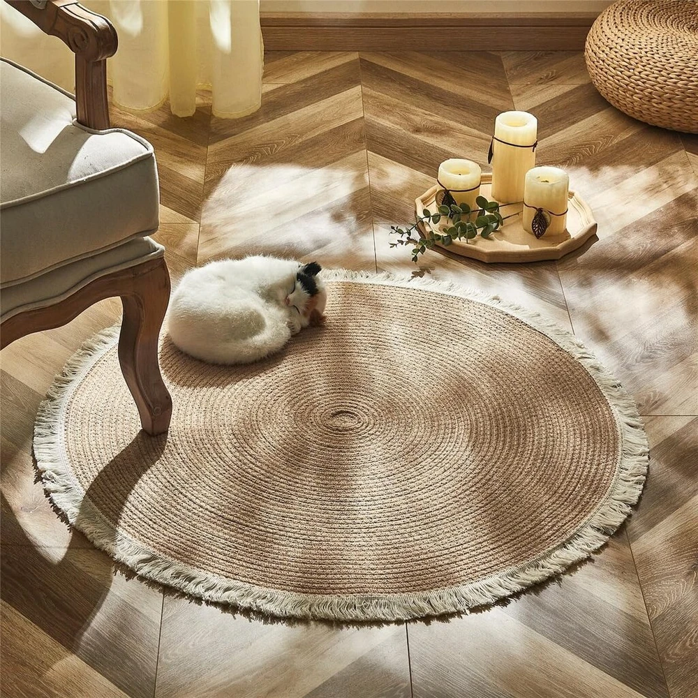 Inkarobox rankų darbo apvalus kilimas, gryna medvilnė, kaimiško stiliaus kilimai su kutais, retro stiliaus apvalūs kilimai miegamajam, svetainei, stalui, biurui (smėlio spalvos, 120 cm)