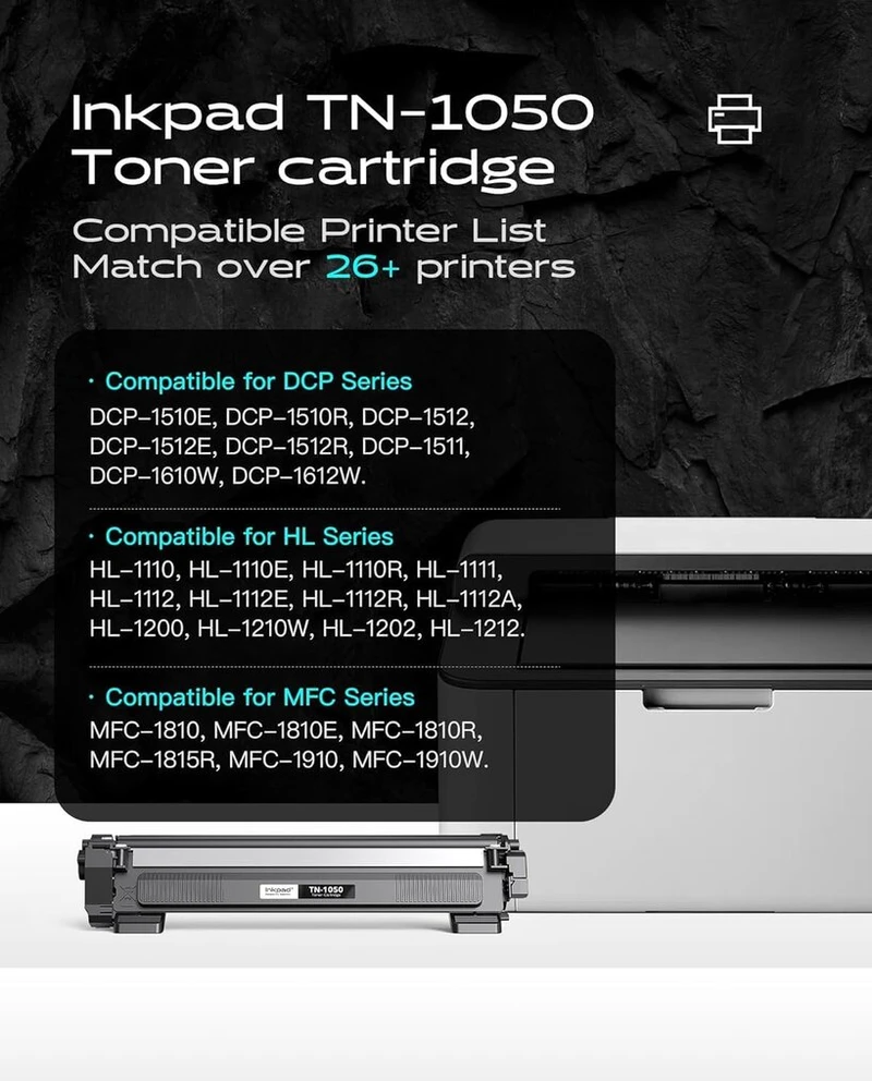 Inkpad Tn1050 Tn-1050 tonerio kasetės, suderinamos su Brother Dcp-1612w Dcp-1610w Mfc-1910w Hl-1110 Hl-1210w Hl-1212w Dcp-1510 Dcp-1512 Hl-1112 Mfc-1810 spausdintuvais (4 juodos)