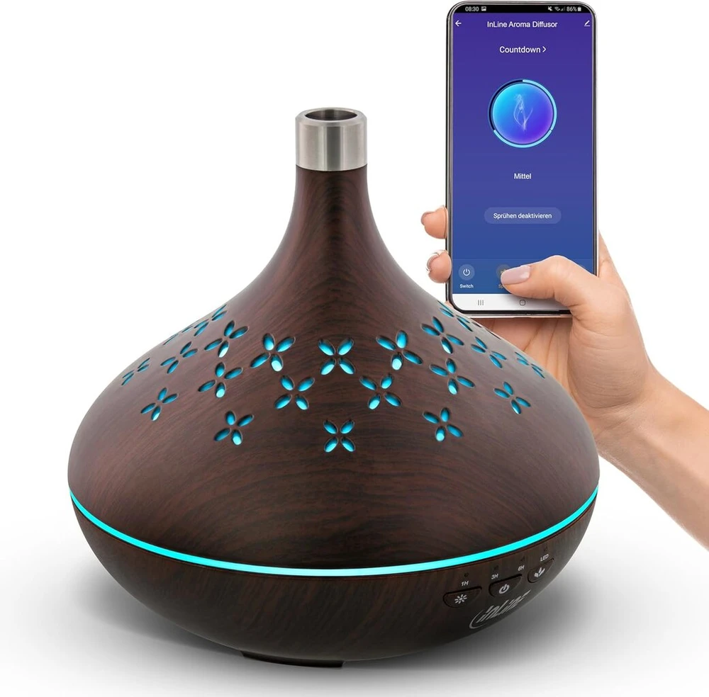 Inline Smarthome aromaterapinis difuzorius eteriniams aliejams, 400 ml, ultragarsinis drėkintuvas, kambario kvapas, oro gaiviklis miegamajam, biurui, aplinkos apšvietimas, laikmatis, suderinamas su Alexa/google Home, 40154