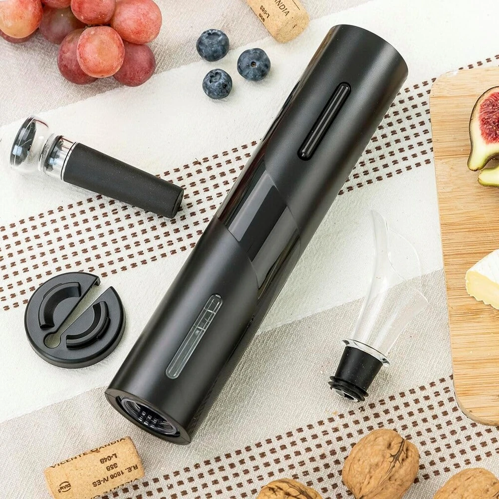 Innovagoods 4 dalių elektrinis kamščiatraukio vyno priedų rinkinys, elegantiškas dizainas, abs ir plienas, juodas, vidutinis, akrilonitrilo butadieno stirenas