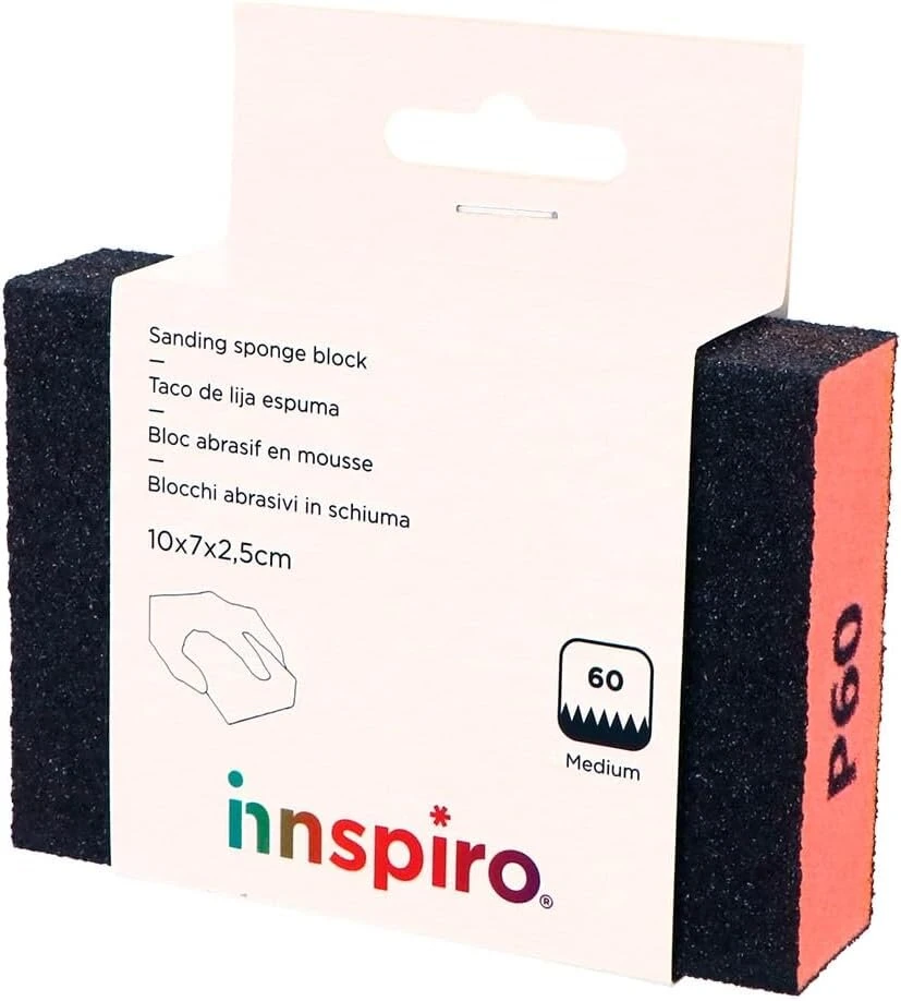 Innspiro lankstus šlifavimo blokas iš putų, vidutinio rupumo, 60 gritų, 10 x 7 x 2,5 cm, skirtas šlifuoti ir poliruoti medieną, dažus, plieną, rūdis