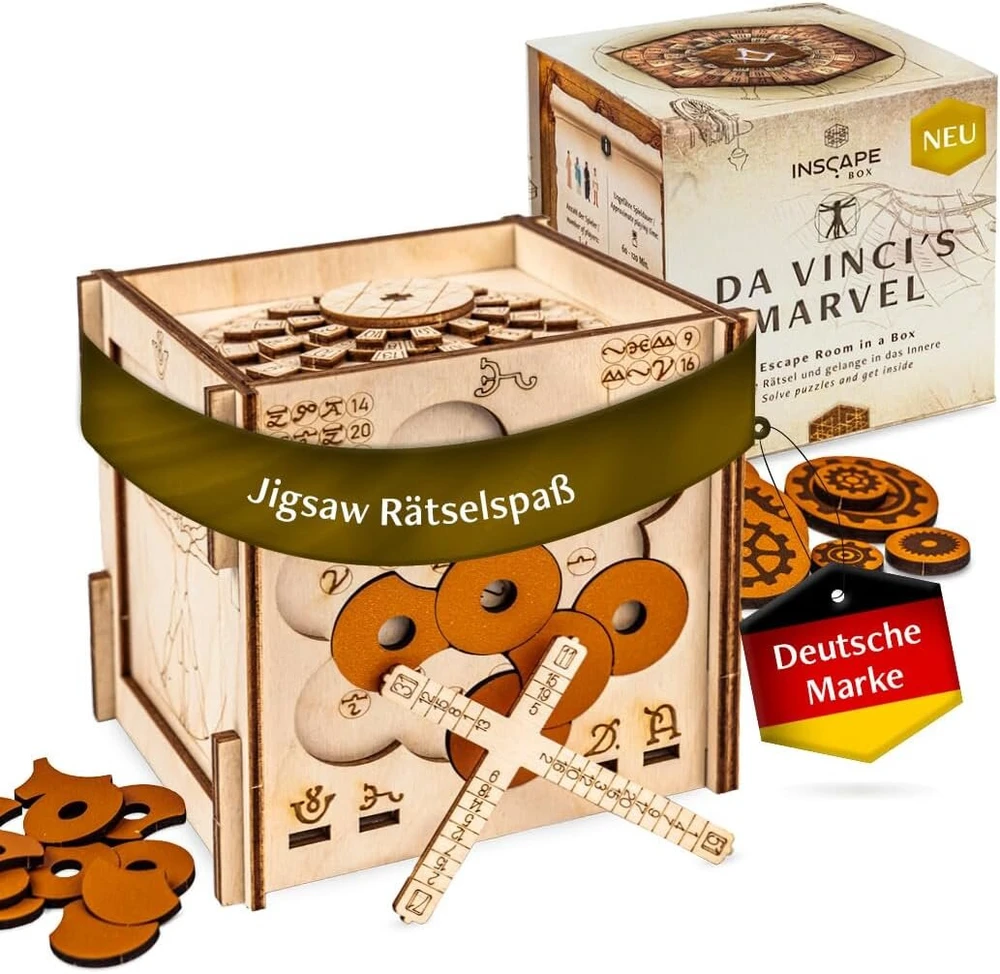 Inscape da vinci's marvel - medinė dėlionės dėžutė - pabėgimo kambario žaidimas suaugusiems ir vaikams - dėlionės žaidimai suaugusiems - 3d medinė dėlionė - cluebox - mąstymo žaidimai - dėlionė